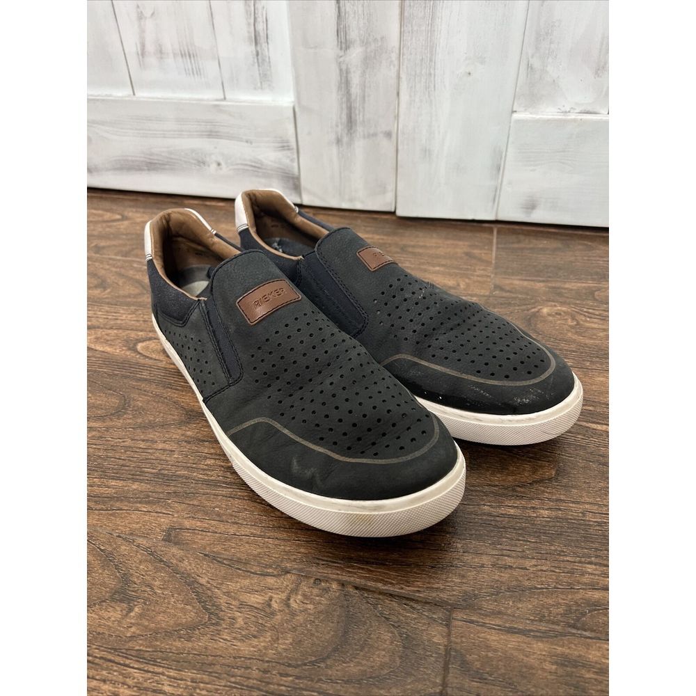 MENS RIEKER NAVY BLUE PERFORATED LEATHER‎ SLIP-ON CASUAL SHOES SNEAKERS 11.5